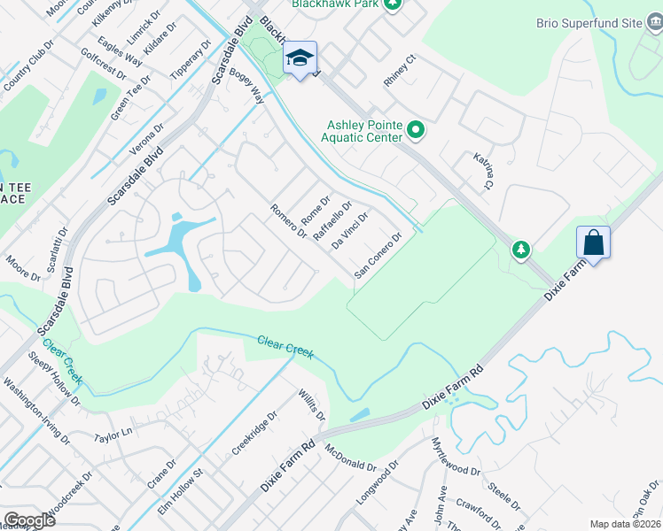 map of restaurants, bars, coffee shops, grocery stores, and more near 1104 Romero Drive in Pearland