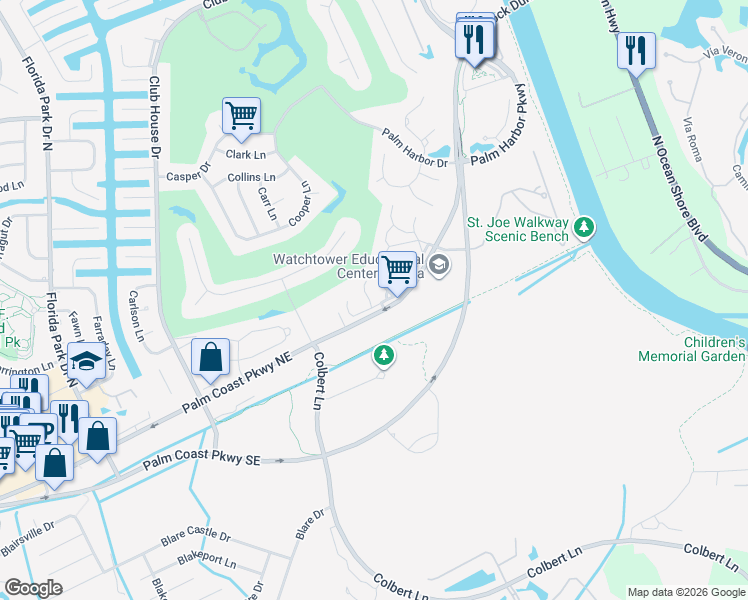 map of restaurants, bars, coffee shops, grocery stores, and more near 3 Pinehurst Place in Palm Coast