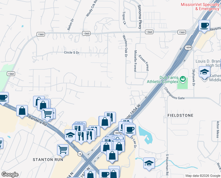 map of restaurants, bars, coffee shops, grocery stores, and more near 9210 Cedar Point in Helotes