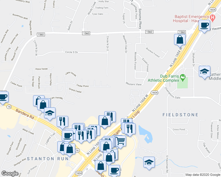 map of restaurants, bars, coffee shops, grocery stores, and more near 9210 Cedar Point in Helotes