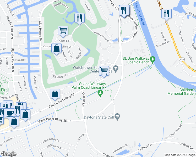 map of restaurants, bars, coffee shops, grocery stores, and more near 3 Pinehurst Place in Palm Coast