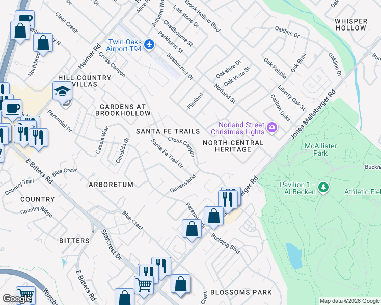 map of restaurants, bars, coffee shops, grocery stores, and more near 1727 Elk Canyon Drive in San Antonio