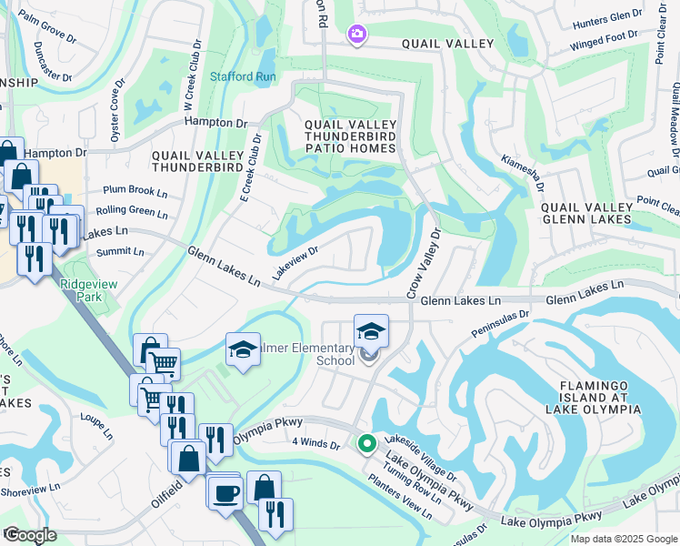 map of restaurants, bars, coffee shops, grocery stores, and more near 2835 Highland Lakes Drive in Missouri City