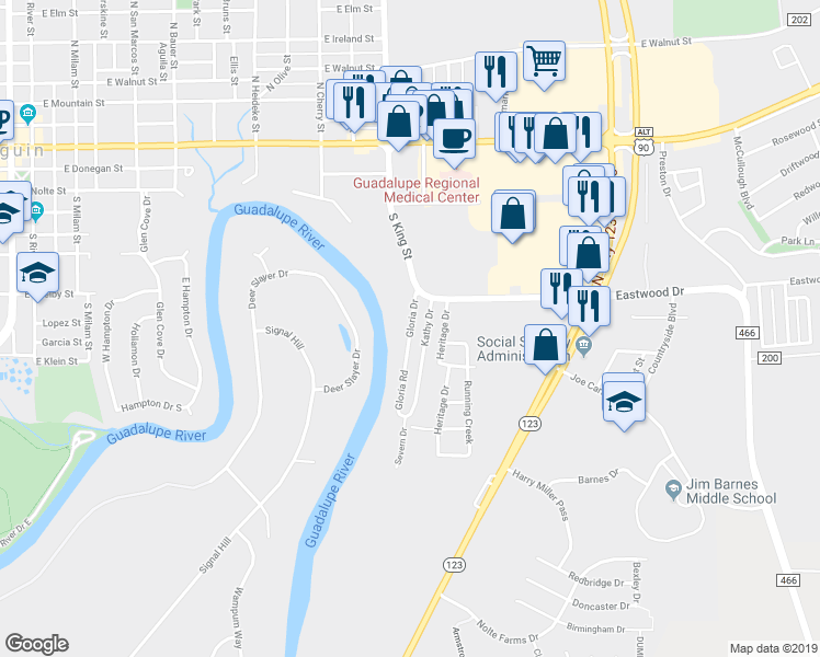 map of restaurants, bars, coffee shops, grocery stores, and more near 625 Gloria Drive in Seguin