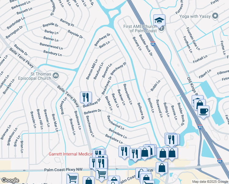 map of restaurants, bars, coffee shops, grocery stores, and more near 9 Becker Lane in Palm Coast
