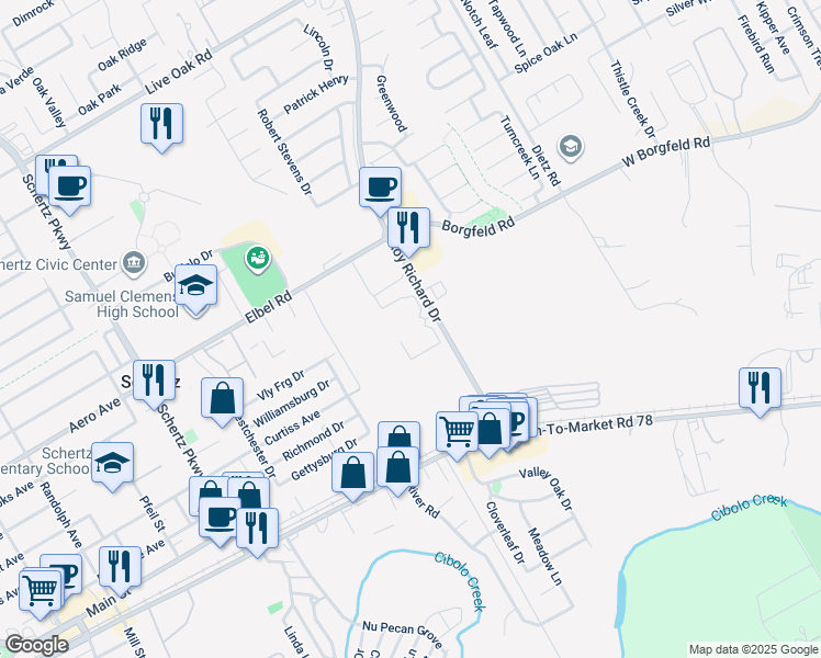 map of restaurants, bars, coffee shops, grocery stores, and more near 501 Farm to Market Road 3009 in Schertz