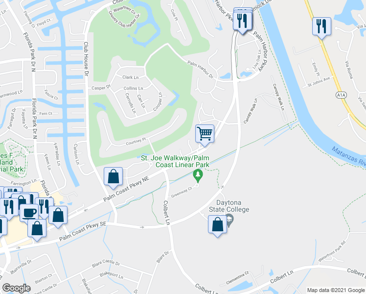 map of restaurants, bars, coffee shops, grocery stores, and more near 11 Broadmore Circle in Palm Coast