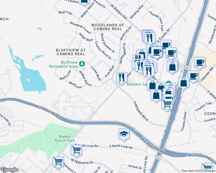 map of restaurants, bars, coffee shops, grocery stores, and more near 402 Arch Bluff in San Antonio