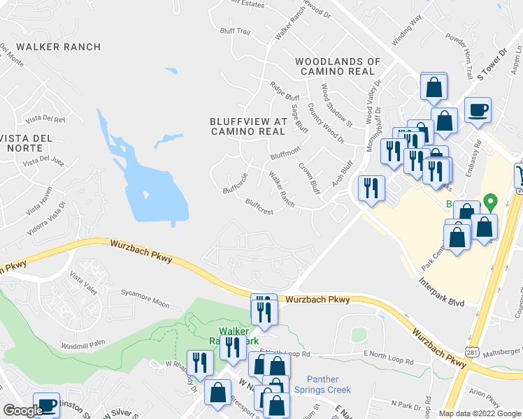map of restaurants, bars, coffee shops, grocery stores, and more near 318 Bluffcrest in San Antonio
