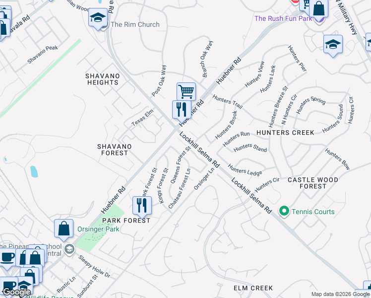 map of restaurants, bars, coffee shops, grocery stores, and more near 13211 Hill Forest Street in San Antonio