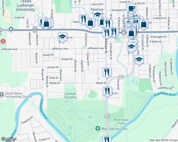 map of restaurants, bars, coffee shops, grocery stores, and more near 707 Miller Avenue in Seguin