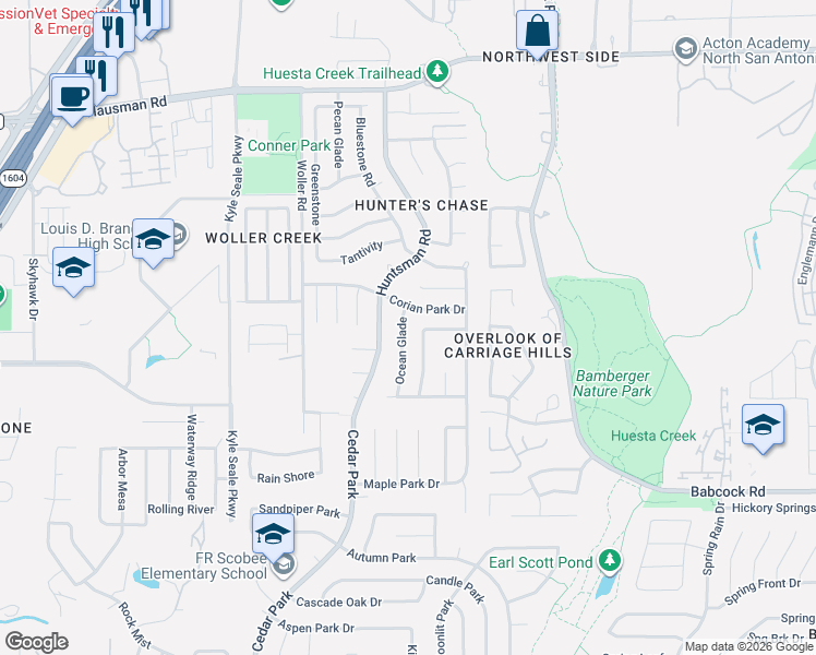 map of restaurants, bars, coffee shops, grocery stores, and more near 7362 Corian Park Drive in San Antonio