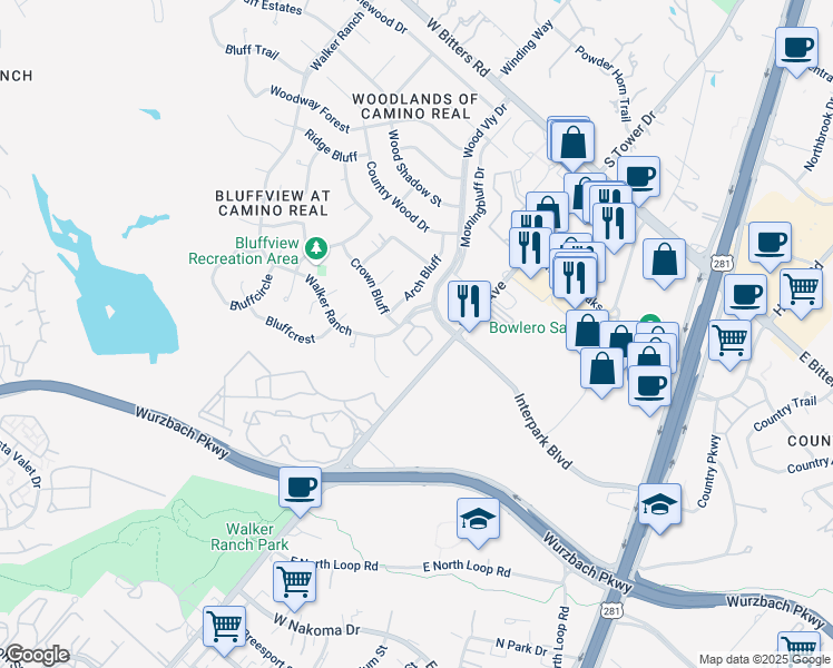 map of restaurants, bars, coffee shops, grocery stores, and more near 402 Arch Bluff in San Antonio