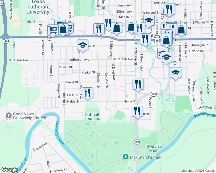 map of restaurants, bars, coffee shops, grocery stores, and more near 730 Robert Street in Seguin