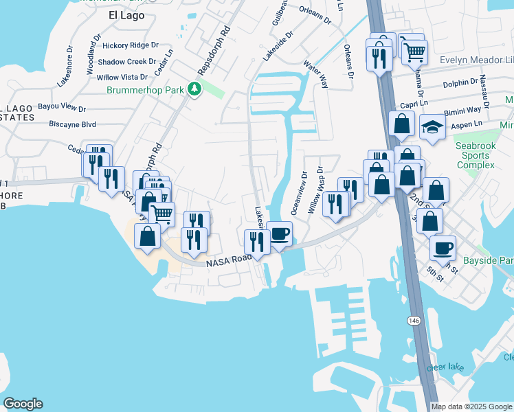 map of restaurants, bars, coffee shops, grocery stores, and more near 1907 Lakeside Drive in Seabrook