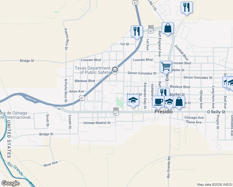 map of restaurants, bars, coffee shops, grocery stores, and more near Market Street in Presidio