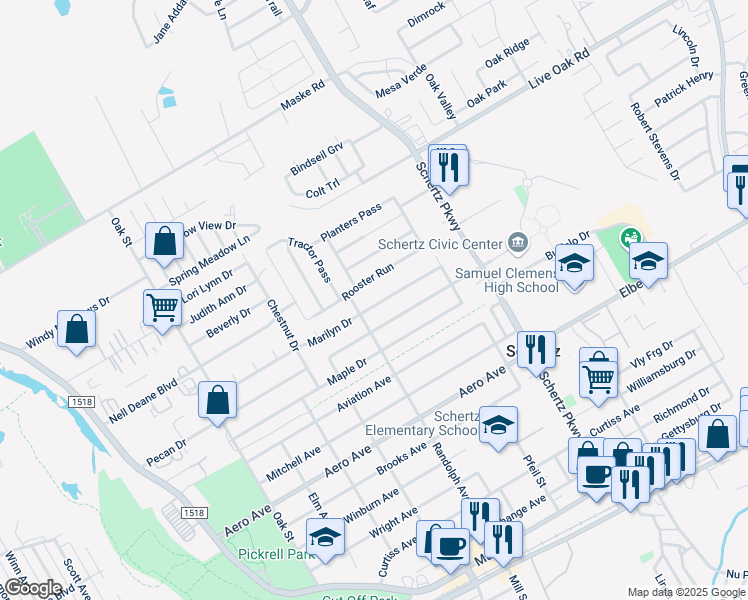 map of restaurants, bars, coffee shops, grocery stores, and more near 613 Marilyn Drive in Schertz