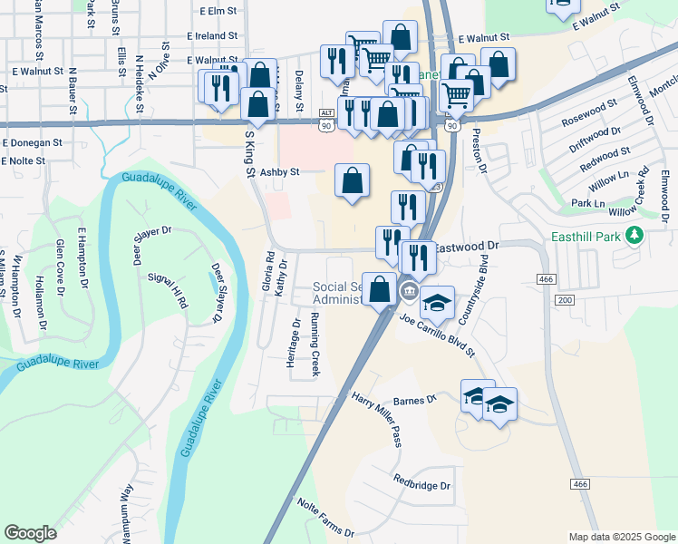 map of restaurants, bars, coffee shops, grocery stores, and more near 1339 Eastwood Drive in Seguin