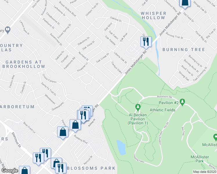 map of restaurants, bars, coffee shops, grocery stores, and more near 1910 Archers Bow Road in San Antonio