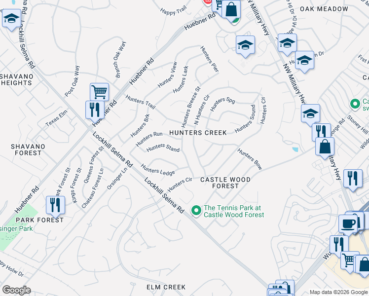 map of restaurants, bars, coffee shops, grocery stores, and more near 13046 Hunters Breeze Street in San Antonio