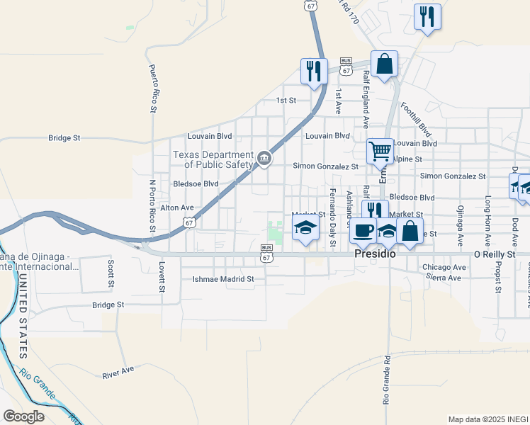 map of restaurants, bars, coffee shops, grocery stores, and more near Market Street in Presidio