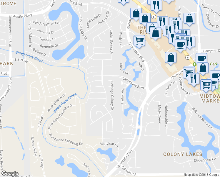 map of restaurants, bars, coffee shops, grocery stores, and more near 5010 Wood Duck Court in Missouri City