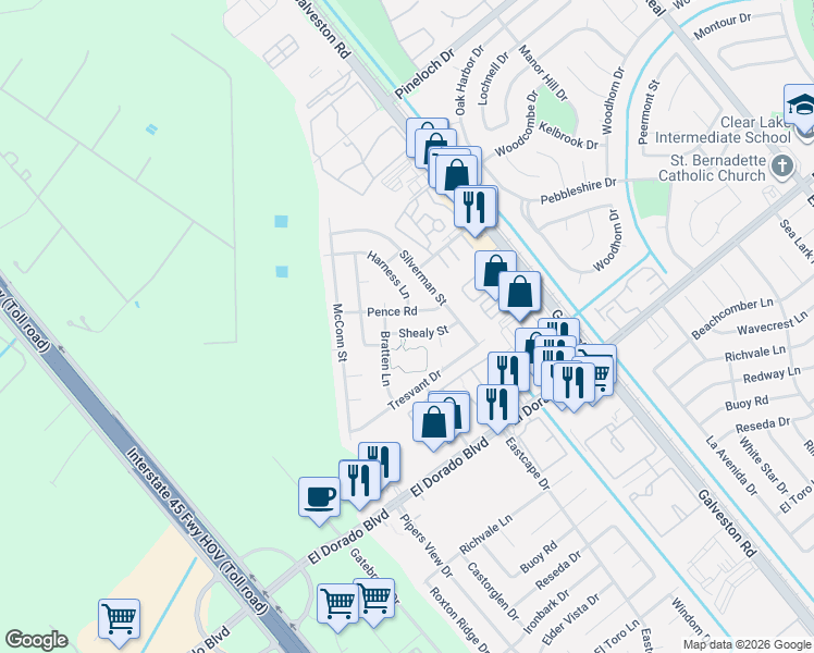 map of restaurants, bars, coffee shops, grocery stores, and more near 15230 Harness Lane in Webster