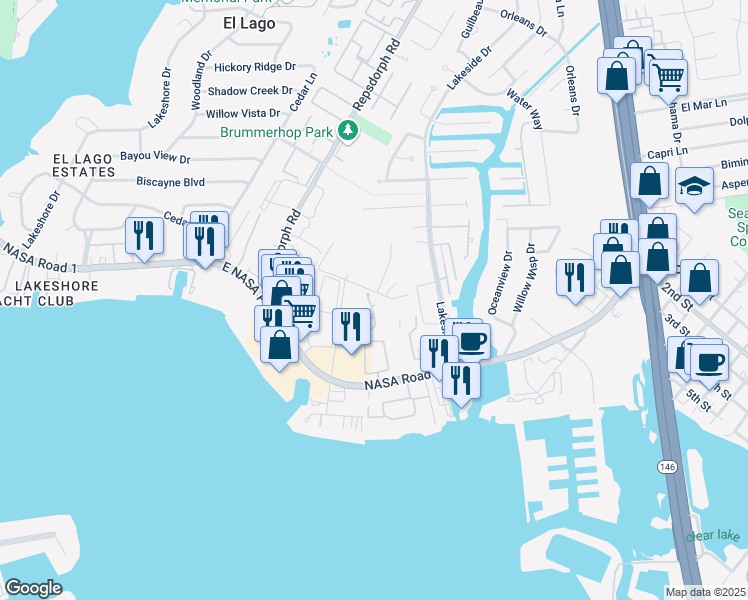 map of restaurants, bars, coffee shops, grocery stores, and more near 2800 East Nasa Parkway in Seabrook