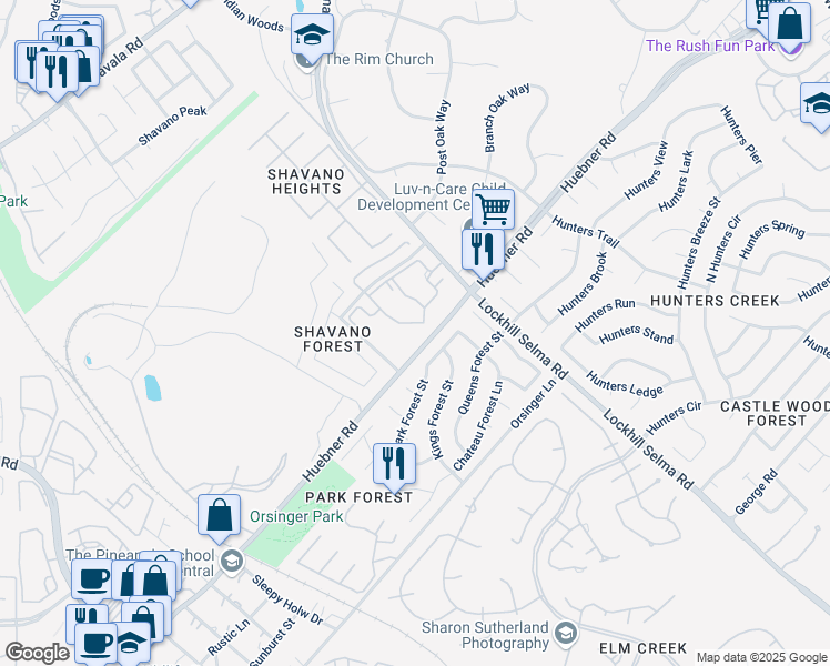 map of restaurants, bars, coffee shops, grocery stores, and more near 12955 Huebner Road in San Antonio