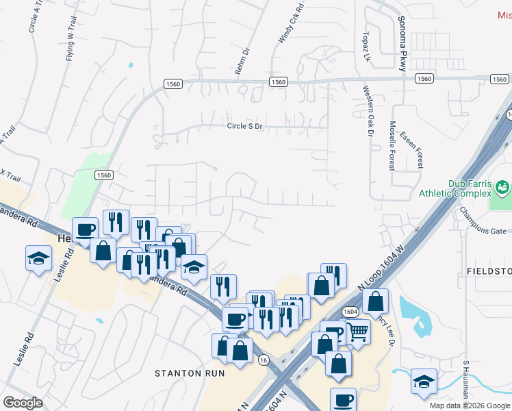map of restaurants, bars, coffee shops, grocery stores, and more near 12911 Green Cedar in Helotes