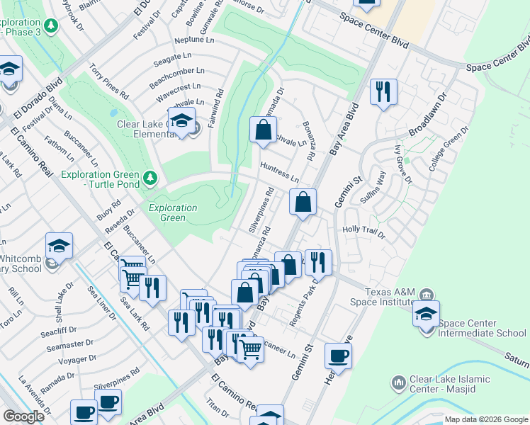 map of restaurants, bars, coffee shops, grocery stores, and more near 1536 Silverpines Road in Houston