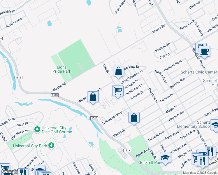 map of restaurants, bars, coffee shops, grocery stores, and more near 152 Windy Meadows Drive in Schertz