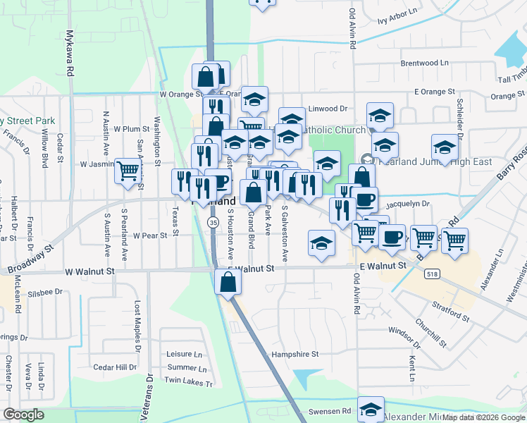 map of restaurants, bars, coffee shops, grocery stores, and more near 3702 East Broadway Street in Pearland