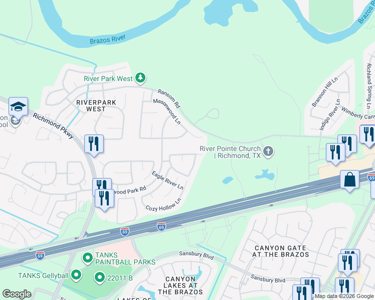 map of restaurants, bars, coffee shops, grocery stores, and more near 21702 Parsley Mist Lane in Richmond