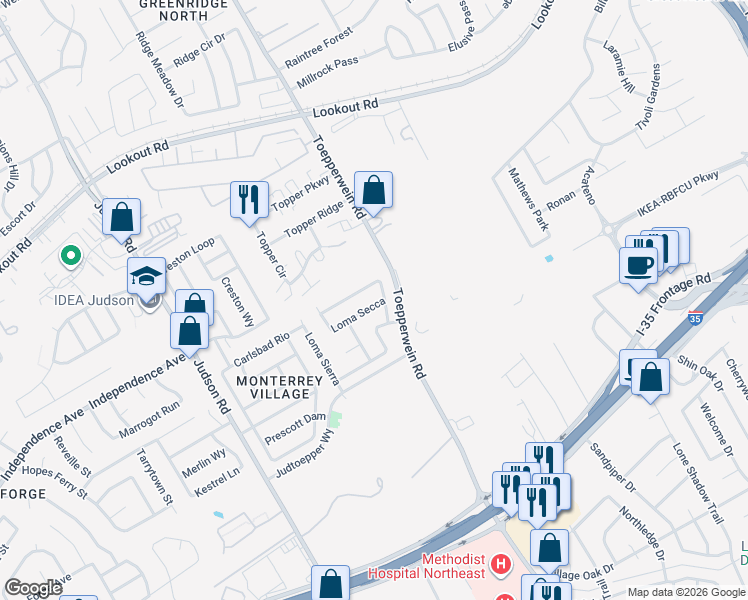 map of restaurants, bars, coffee shops, grocery stores, and more near 6830 Loma Blanca in San Antonio