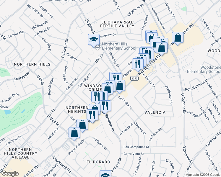 map of restaurants, bars, coffee shops, grocery stores, and more near 4911 Longfellow Boulevard in San Antonio