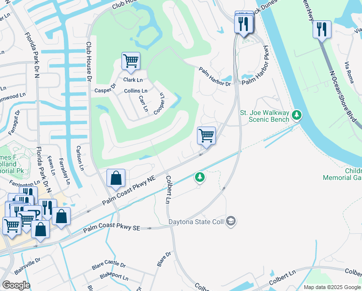 map of restaurants, bars, coffee shops, grocery stores, and more near 13 Broadmore Circle in Palm Coast