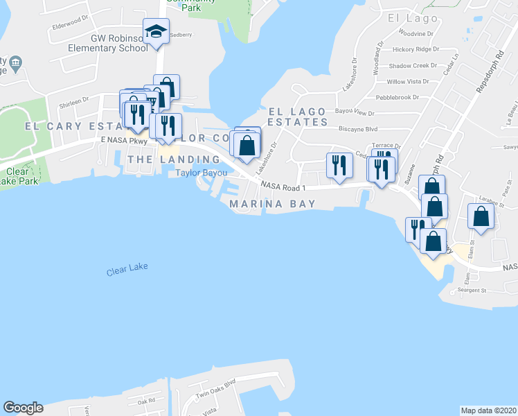 map of restaurants, bars, coffee shops, grocery stores, and more near 100 Yacht Club Lane in Seabrook