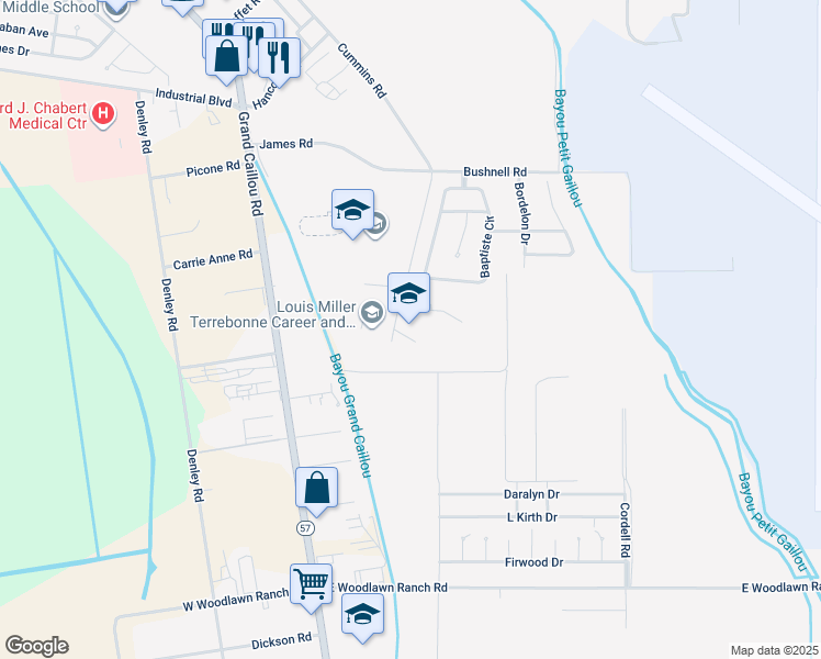 map of restaurants, bars, coffee shops, grocery stores, and more near 3051 Patriot Drive in Houma