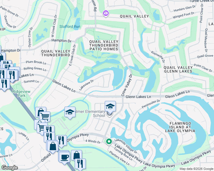 map of restaurants, bars, coffee shops, grocery stores, and more near 3910 Crystal Falls Drive in Missouri City