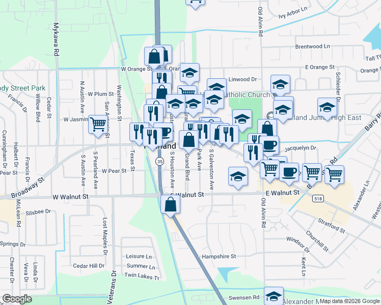 map of restaurants, bars, coffee shops, grocery stores, and more near 3702 East Broadway Street in Pearland