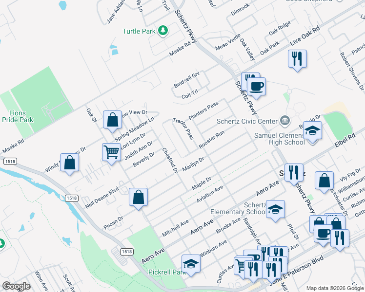map of restaurants, bars, coffee shops, grocery stores, and more near 1329 Wagon Wheel in Schertz