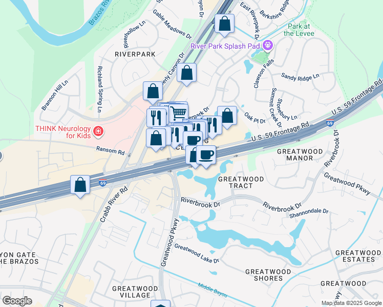 map of restaurants, bars, coffee shops, grocery stores, and more near 19900 U.S. 59 Frontage Road in Sugar Land