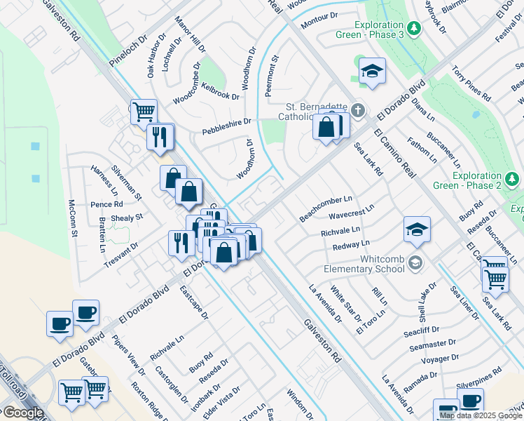 map of restaurants, bars, coffee shops, grocery stores, and more near 701 El Dorado Boulevard in Houston