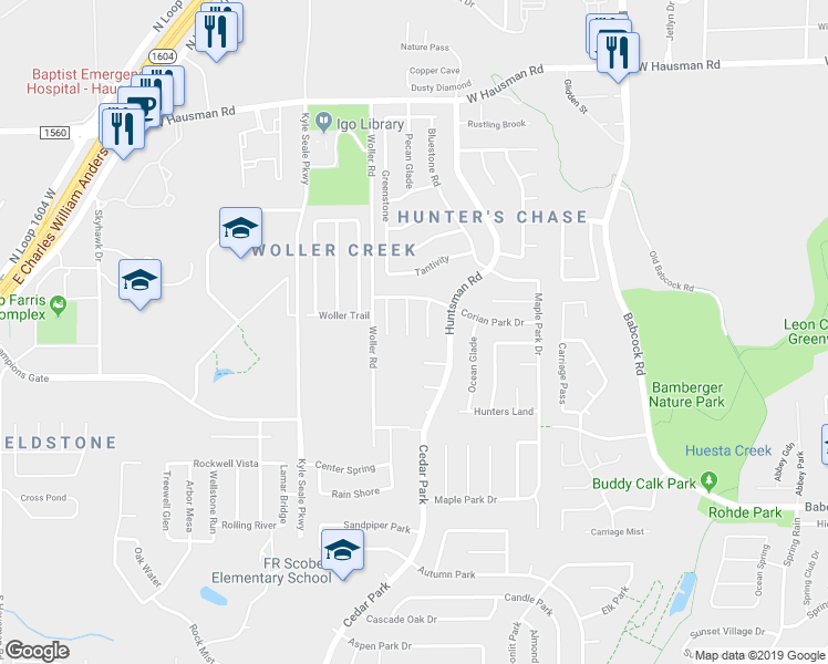 map of restaurants, bars, coffee shops, grocery stores, and more near 13027 Cavern Park Drive in San Antonio