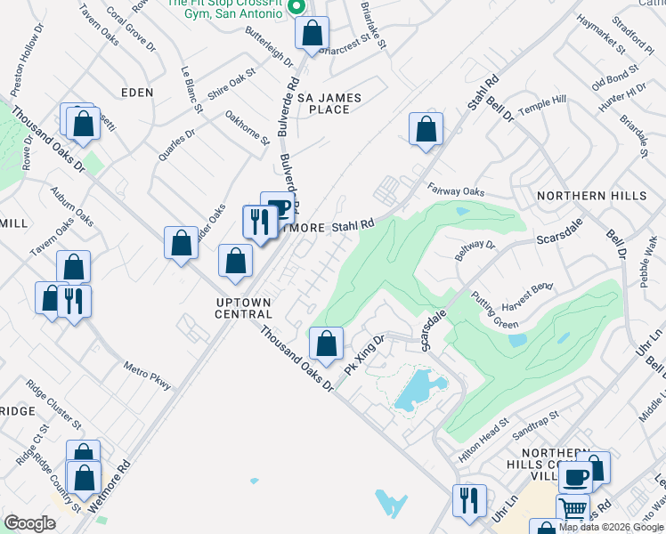 map of restaurants, bars, coffee shops, grocery stores, and more near 13510 Bristow Dawn in San Antonio