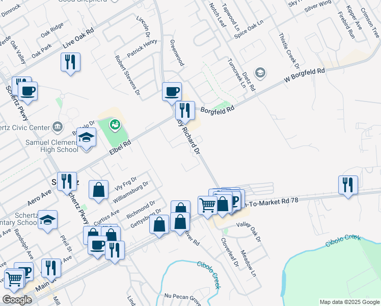 map of restaurants, bars, coffee shops, grocery stores, and more near 744 Roy Richard Drive in Schertz
