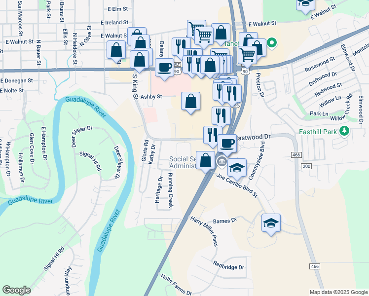 map of restaurants, bars, coffee shops, grocery stores, and more near 1339 Eastwood Drive in Seguin