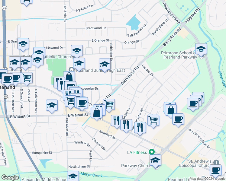 map of restaurants, bars, coffee shops, grocery stores, and more near 2530 Barry Rose Road in Pearland