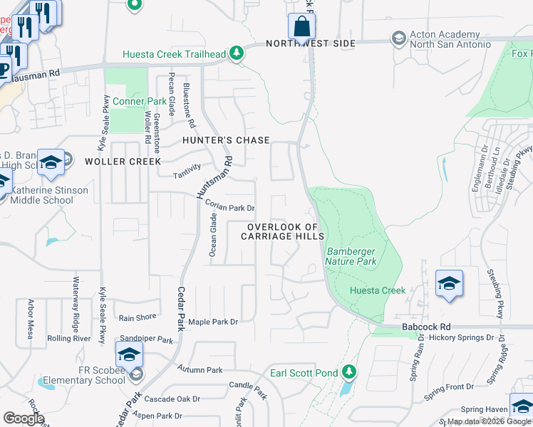map of restaurants, bars, coffee shops, grocery stores, and more near 7518 Carriage Pass in San Antonio